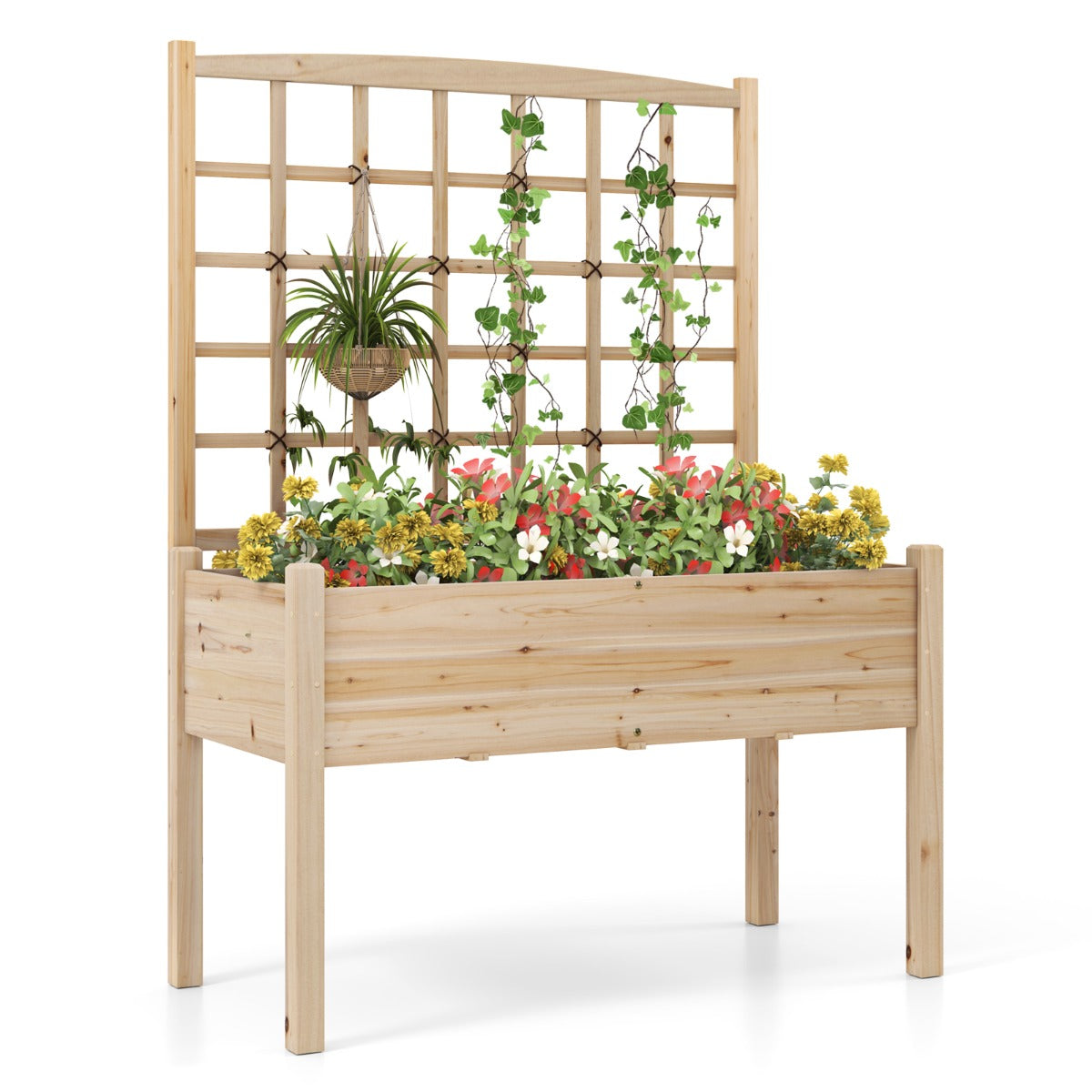 LIVSK Verhoogde Houten Tuinbak met Trellis - Ergonomische Hoogte 74 cm - Drainagegaten - Draagvermogen 80 kg - 119 x 60 x 160 cm