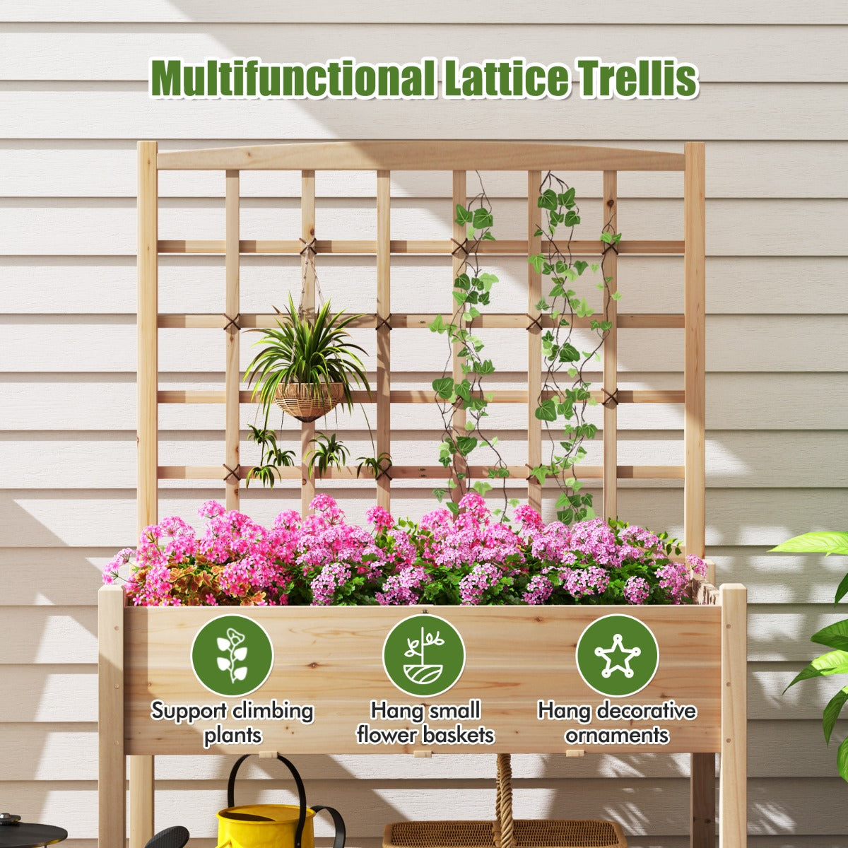 LIVSK Verhoogde Houten Tuinbak met Trellis - Ergonomische Hoogte 74 cm - Drainagegaten - Draagvermogen 80 kg - 119 x 60 x 160 cm
