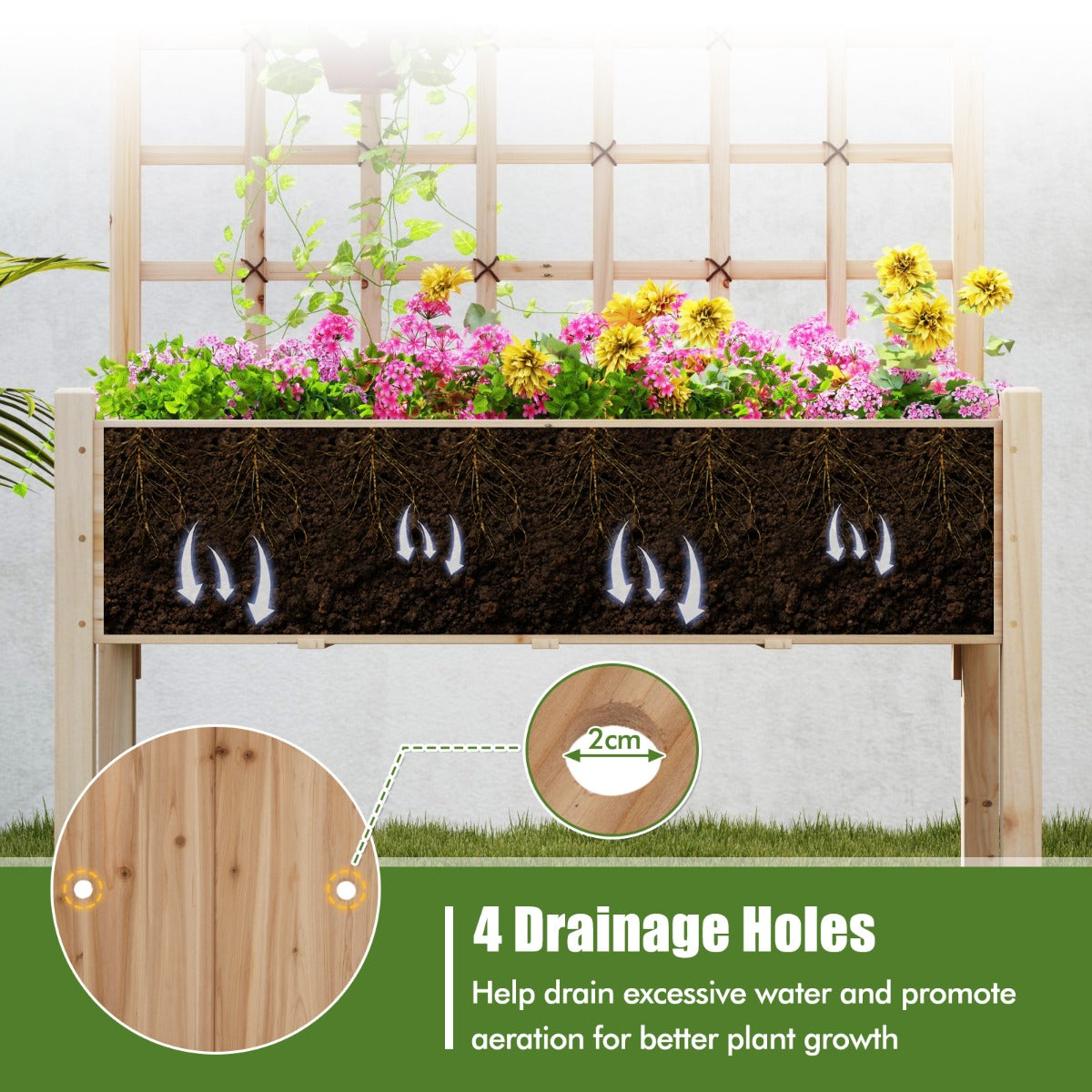LIVSK Verhoogde Houten Tuinbak met Trellis - Ergonomische Hoogte 74 cm - Drainagegaten - Draagvermogen 80 kg - 119 x 60 x 160 cm