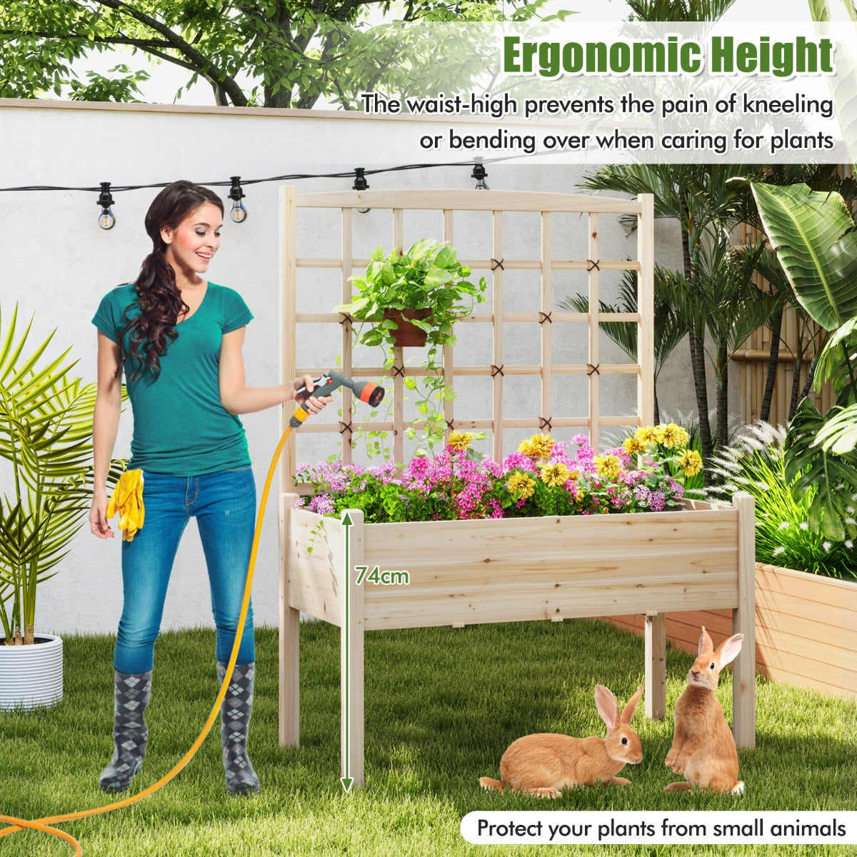 LIVSK Verhoogde Houten Tuinbak met Trellis - Ergonomische Hoogte 74 cm - Drainagegaten - Draagvermogen 80 kg - 119 x 60 x 160 cm