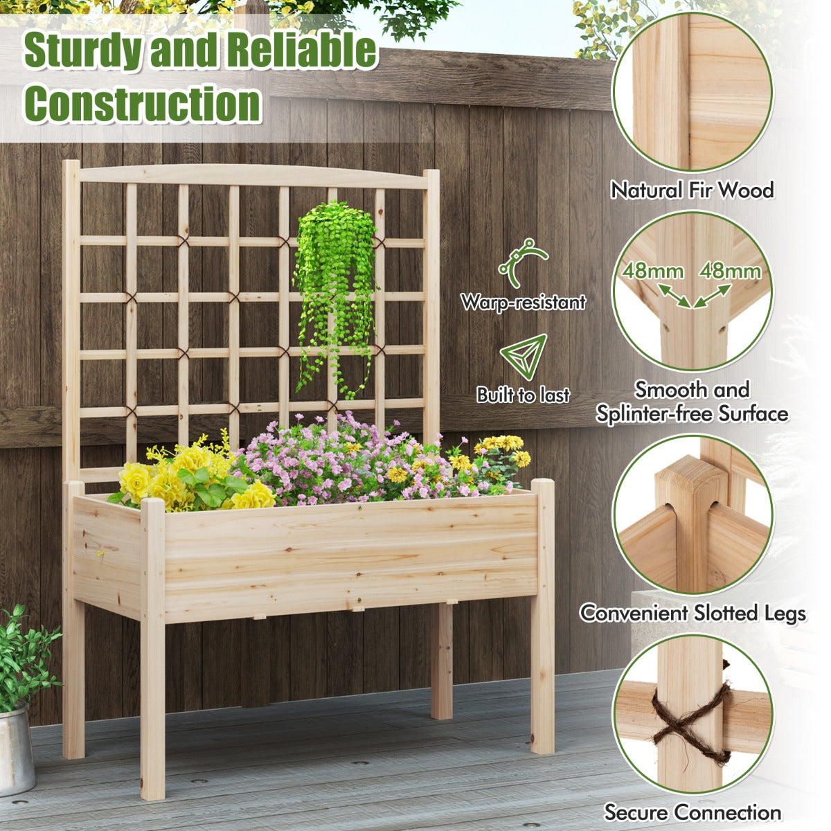 LIVSK Verhoogde Houten Tuinbak met Trellis - Ergonomische Hoogte 74 cm - Drainagegaten - Draagvermogen 80 kg - 119 x 60 x 160 cm