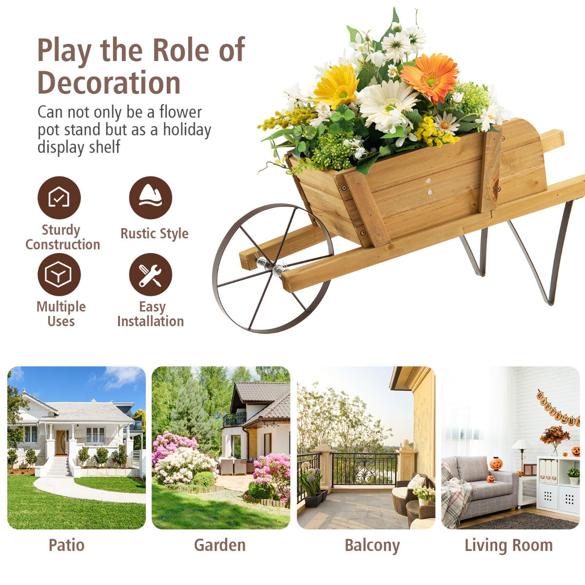 LIVSK Houten Plantenbak in Kruiwagenstijl - Inclusief 9 Magnetische Accessoires - Stevig Dennenhout - Multifunctioneel -