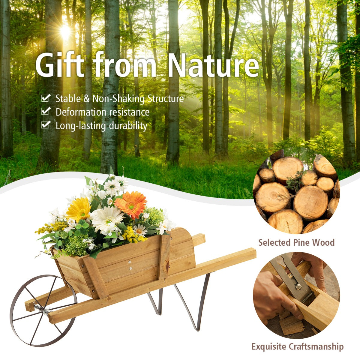 LIVSK Houten Plantenbak in Kruiwagenstijl - Inclusief 9 Magnetische Accessoires - Stevig Dennenhout - Multifunctioneel -