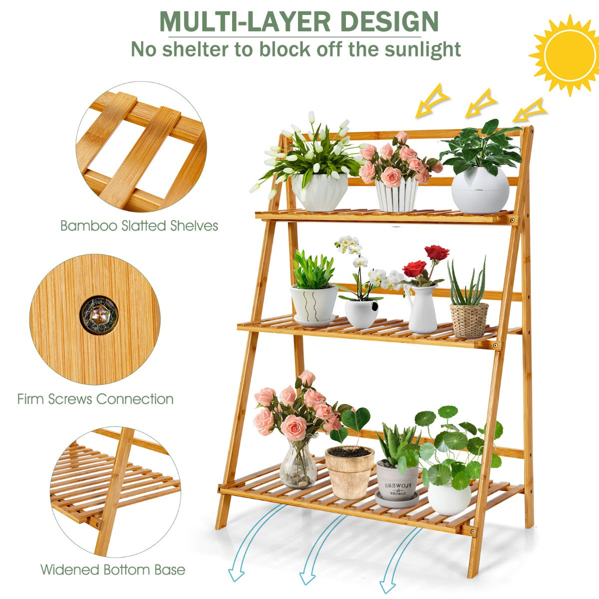 Livsk costway plantenladder met 3 niveaus inklapbaar plantenrek bamboe bloemenrek bloemenstandaard voor binnen en buiten bloementrap ladderrek 6