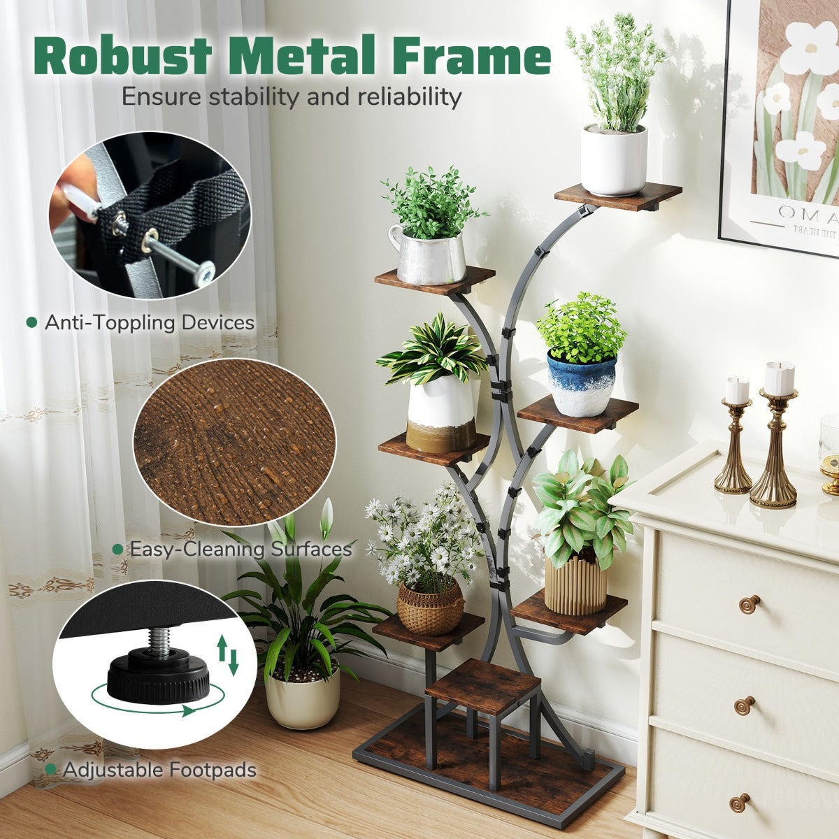 LIVSK Plantenstandaard met LED-groeilampen - 8 Niveaus - Instelbare Helderheid en Timer - Stabiel Metalen Frame - Bruin+Zwart
