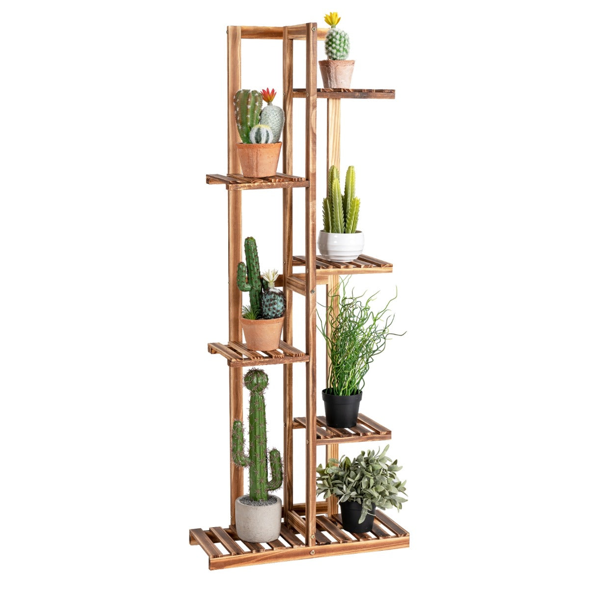 LIVSK Plantenrek van Grenenhout - Vrijstaand voor 7 Potplanten - Stabiele Constructie - Binnen en Buiten - 50 x 21 x 124 cm -