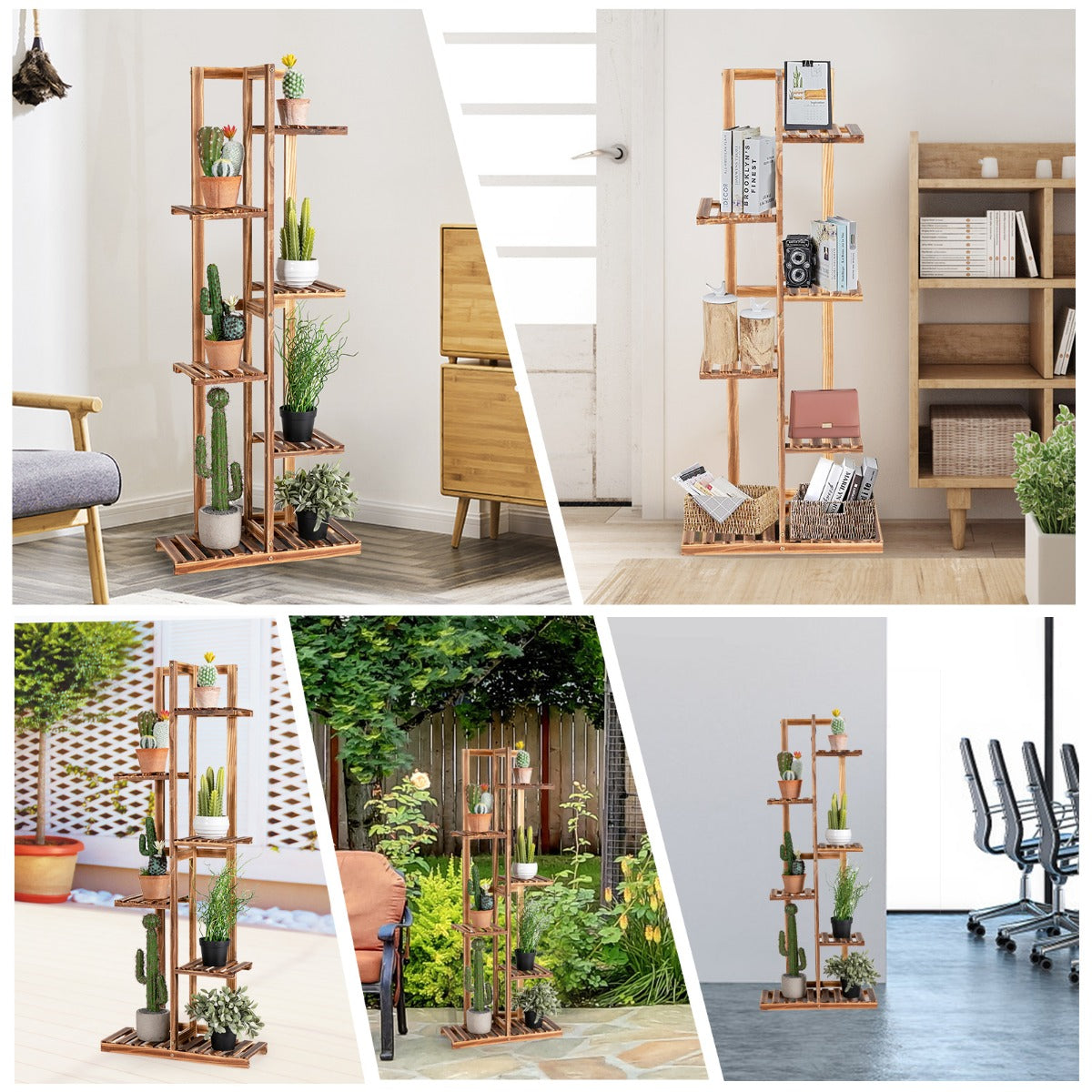 LIVSK Plantenrek van Grenenhout - Vrijstaand voor 7 Potplanten - Stabiele Constructie - Binnen en Buiten - 50 x 21 x 124 cm -