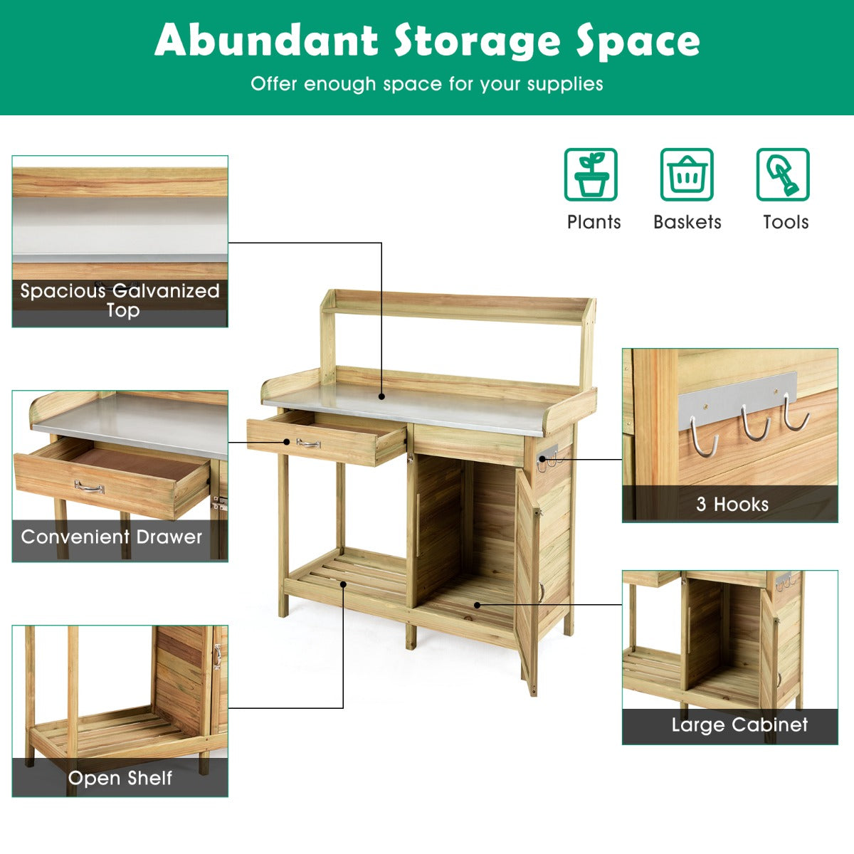 LIVSK Plantentafel met Onderkast en Laden - Robuust Dennenhout - Ruim Werkblad - 3 Haken - 112 x 46 x 125 cm - Naturel