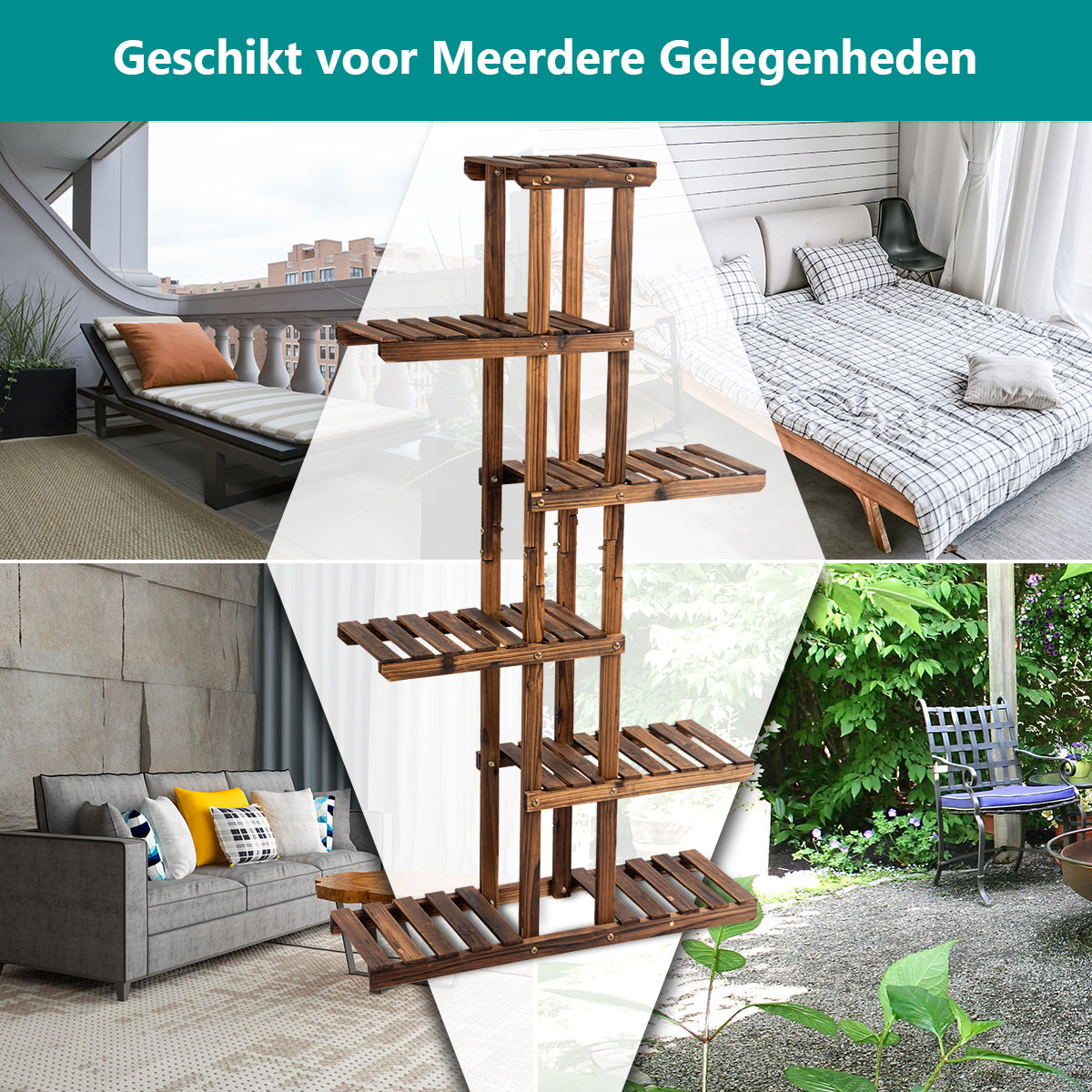 LIVSK Plantenrek van Dennenhout - 6 Niveaus voor 11 Bloempotten - Modern Asymmetrisch Ontwerp - Eenvoudige Montage - Natuurlijk