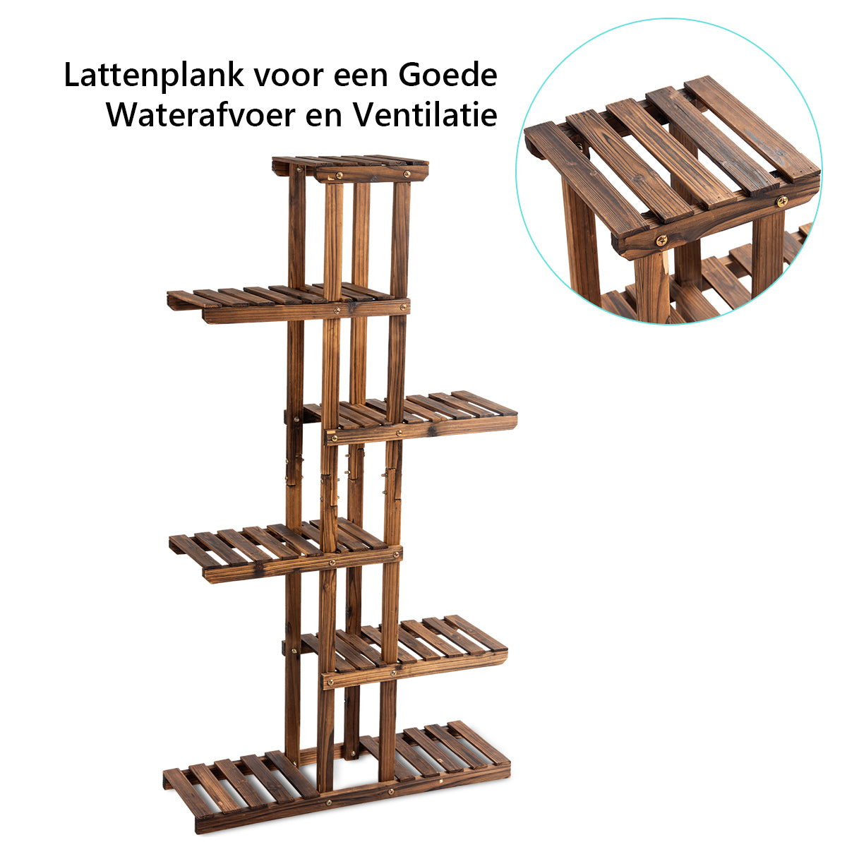 LIVSK Plantenrek van Dennenhout - 6 Niveaus voor 11 Bloempotten - Modern Asymmetrisch Ontwerp - Eenvoudige Montage - Natuurlijk