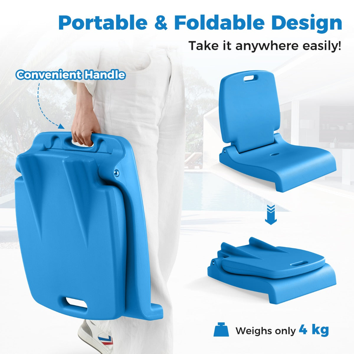 LIVSK Opvouwbare Zwembadstoel - Lichtgewicht en Draagbaar - Ergonomische Rugleuning - Afwateringsgaten - 56 x 47 x 52 cm - Blauw