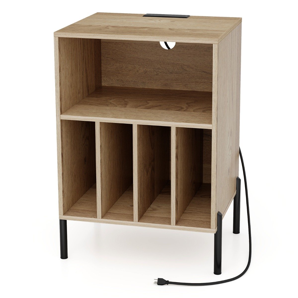 LIVSK Platenspelerstandaard - Oplaadstation met 2 USB en Type-C - 4 Compartimenten - Compact voor 150 Platen - Natuurlijk