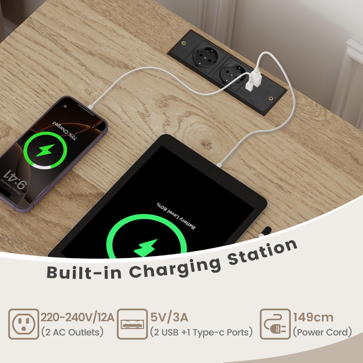 LIVSK Platenspelerstandaard - Oplaadstation met 2 USB en Type-C - 4 Compartimenten - Compact voor 150 Platen - Natuurlijk
