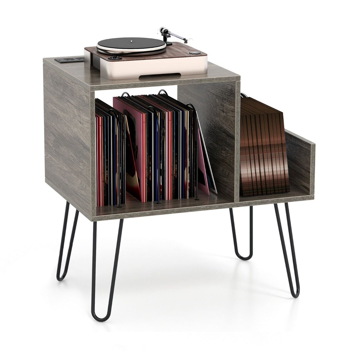 LIVSK Platenspelerstandaard met Stopcontact en USB - Ruimte voor 145 Albums - Metalen Poten - 66 x 45 x 67 cm - Grijs/Rustiekbruin