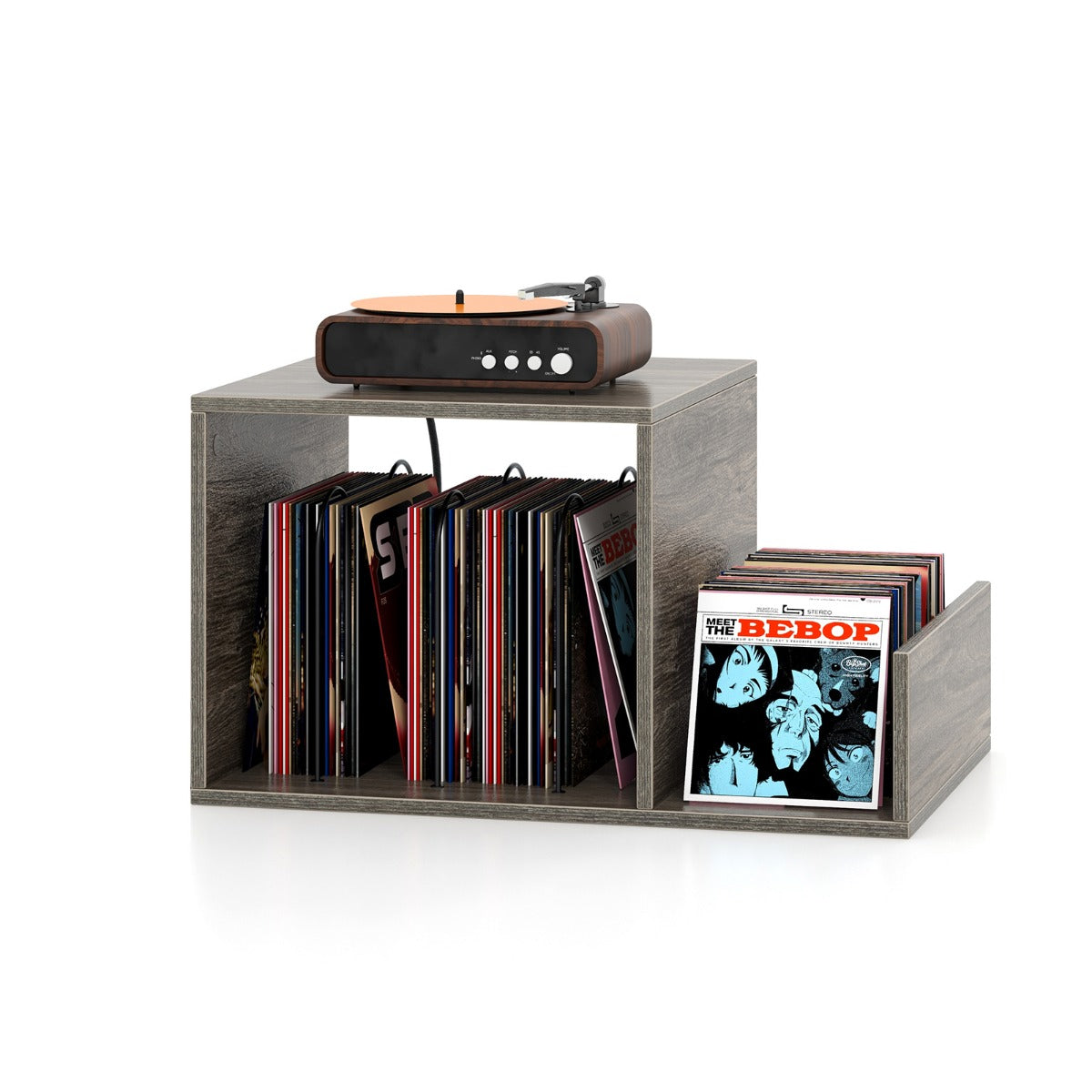 LIVSK Platenspelerstandaard met Stopcontact en USB - Ruimte voor 145 Albums - Metalen Poten - 66 x 45 x 67 cm - Grijs/Rustiekbruin