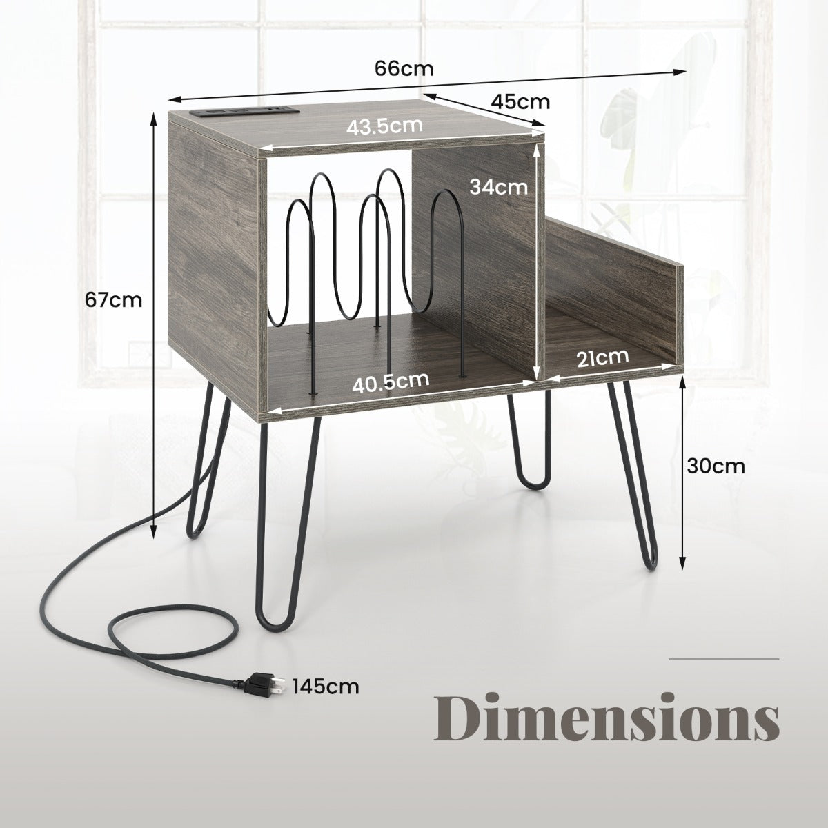 LIVSK Platenspelerstandaard met Stopcontact en USB - Ruimte voor 145 Albums - Metalen Poten - 66 x 45 x 67 cm - Grijs/Rustiekbruin
