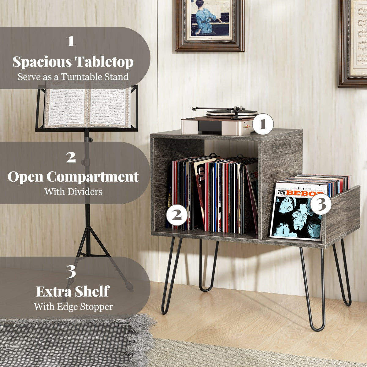 LIVSK Platenspelerstandaard met Stopcontact en USB - Ruimte voor 145 Albums - Metalen Poten - 66 x 45 x 67 cm - Grijs/Rustiekbruin