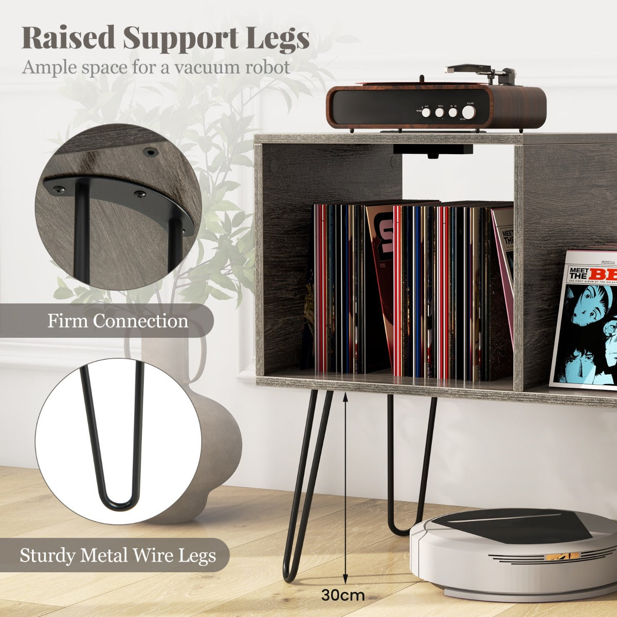 LIVSK Platenspelerstandaard met Stopcontact en USB - Ruimte voor 145 Albums - Metalen Poten - 66 x 45 x 67 cm - Grijs/Rustiekbruin