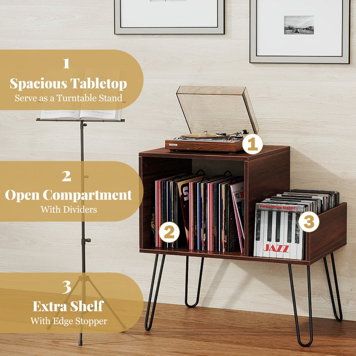 Livsk costway platenspelerstandaard met stopcontact moderne bijzettafel in mid century stijl met metalen poten voor maximaal 145 albums bruin 6