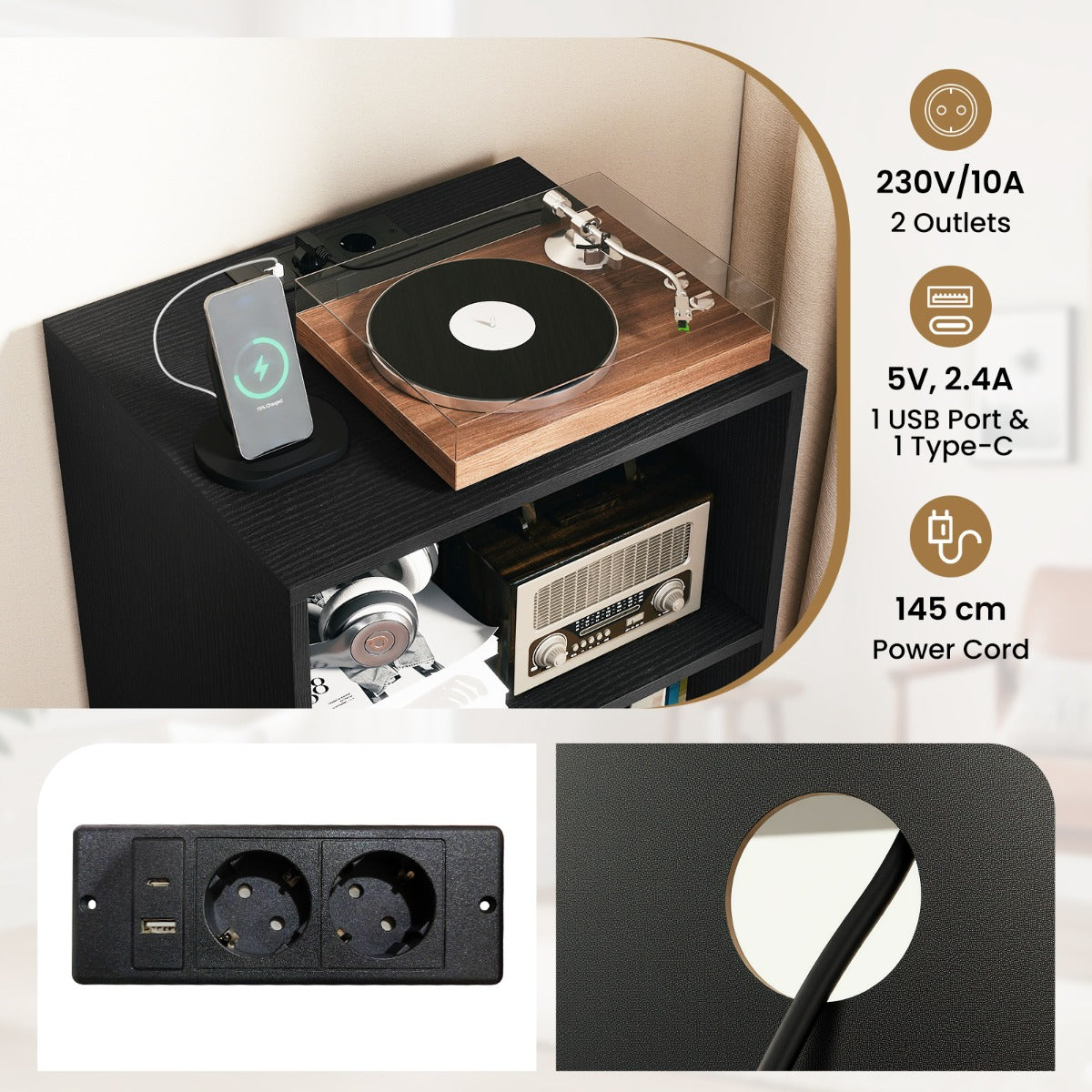 Livsk costway platenspelerstandaard platenspelerstandaard met oplaadstation platenopslagtafel met metalen poten vinyl displayrek zwart 4