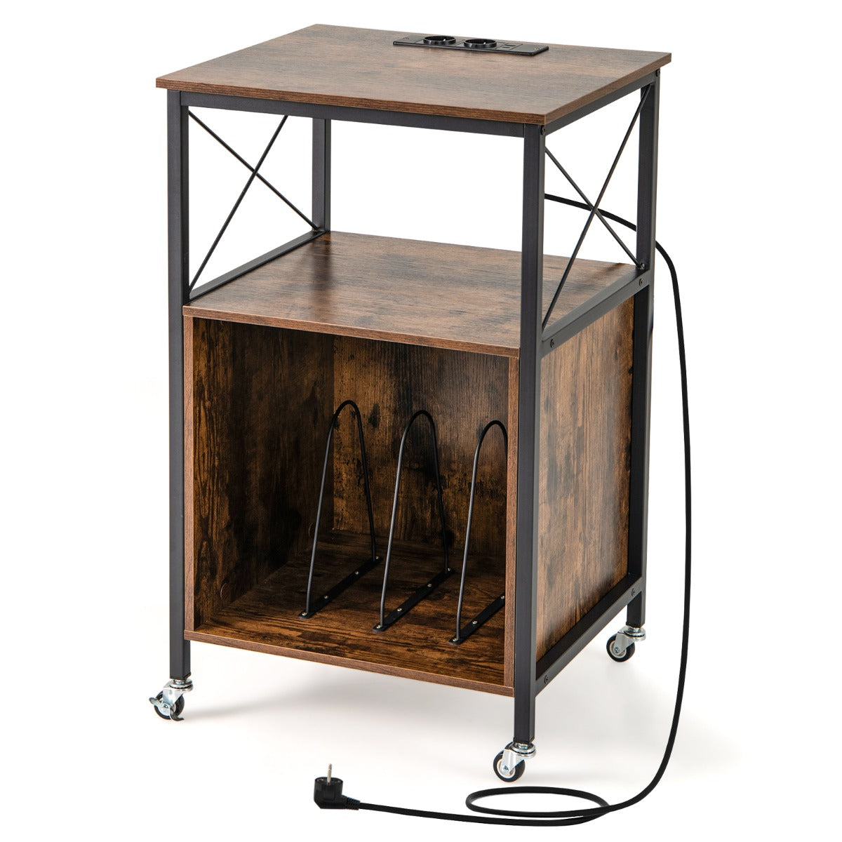 LIVSK Platenspeler Standaard met Laadstation - Verstelbare Scheidingswanden - Stevige Constructie - 50 x 45 x 82 cm - Rustiek