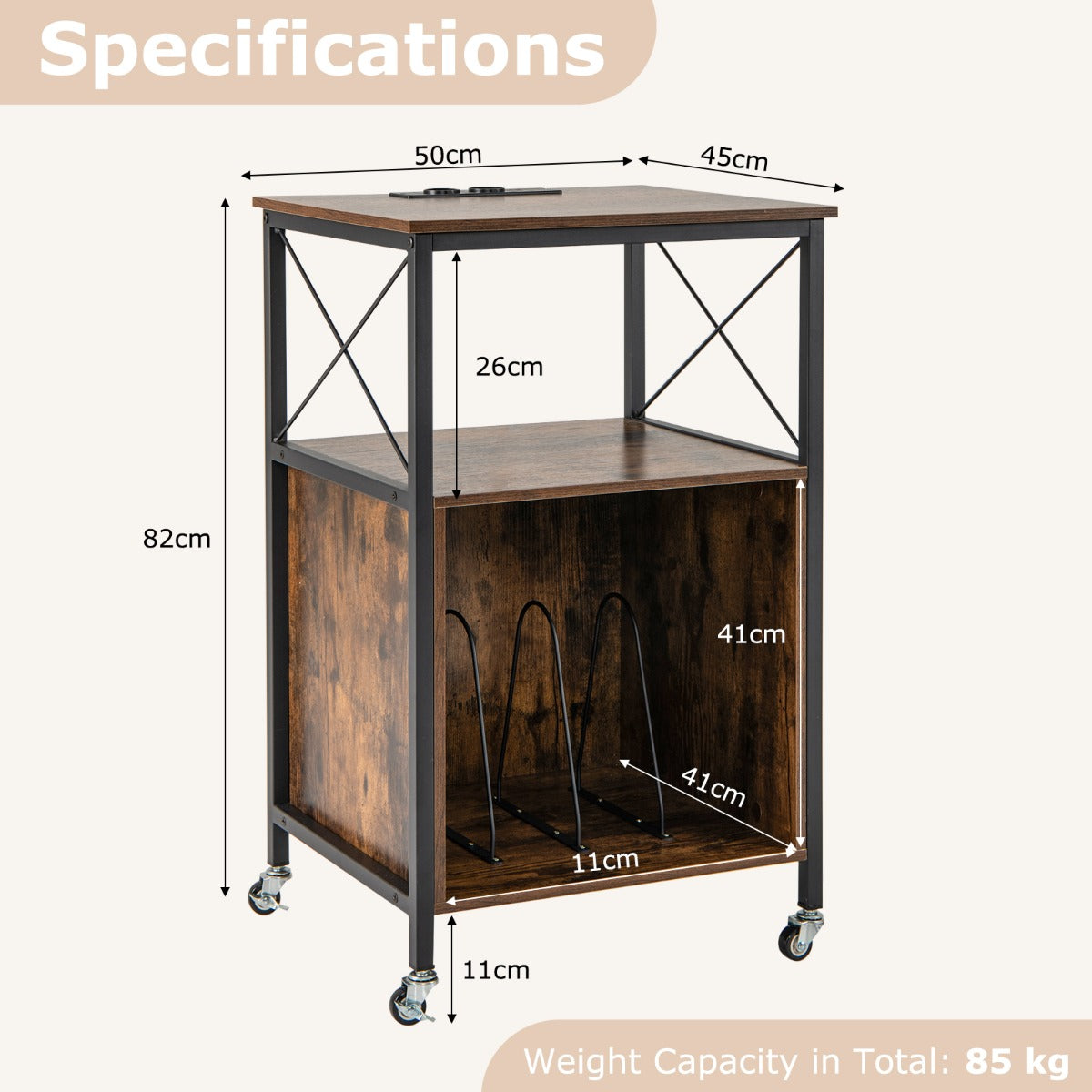 LIVSK Platenspeler Standaard met Laadstation - Verstelbare Scheidingswanden - Stevige Constructie - 50 x 45 x 82 cm - Rustiek