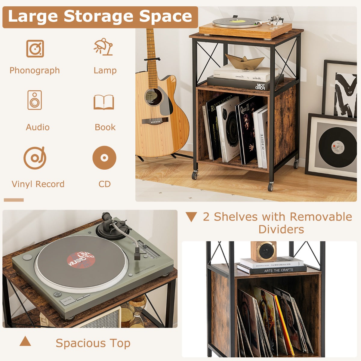 LIVSK Platenspeler Standaard met Laadstation - Verstelbare Scheidingswanden - Stevige Constructie - 50 x 45 x 82 cm - Rustiek