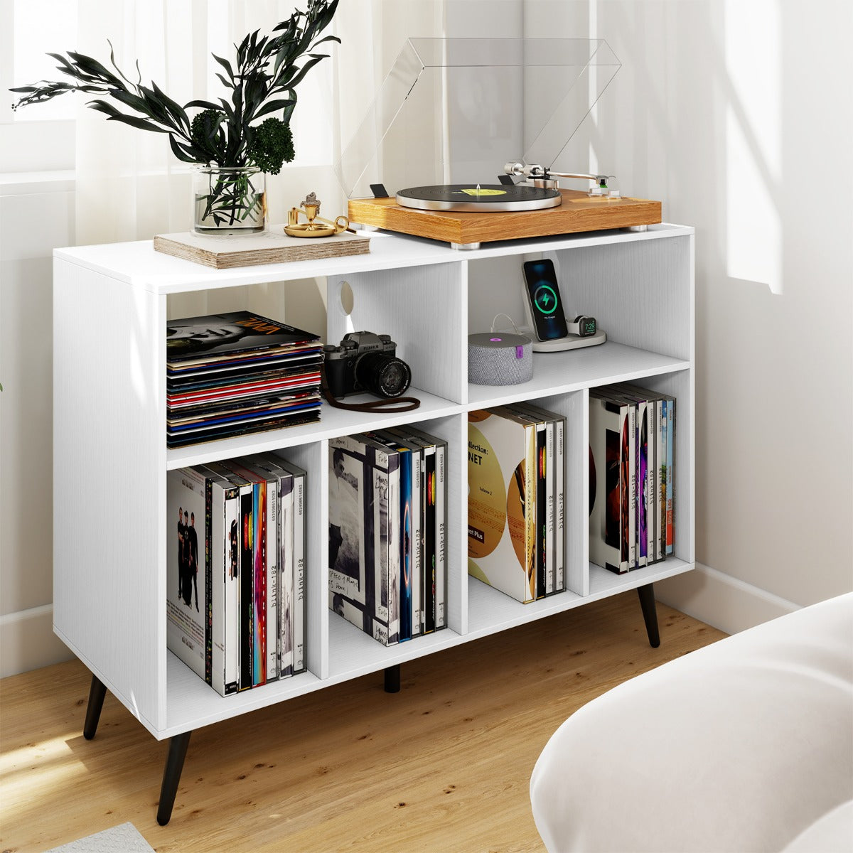 LIVSK Platenspelerstandaard met Oplaadstation - 4 Open Planken - Stabiele Constructie - Voor Vinylcollectie - Wit