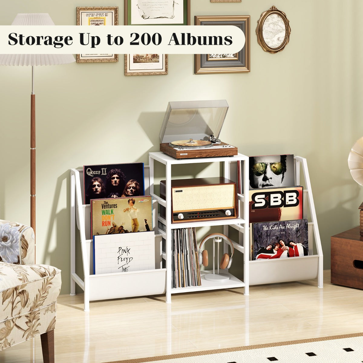 LIVSK Platenstandaard - Vinylrek met 3 Niveaus en 6 Opbergzakken - Tot 200 Albums - Stabiele Metalen Constructie - Wit
