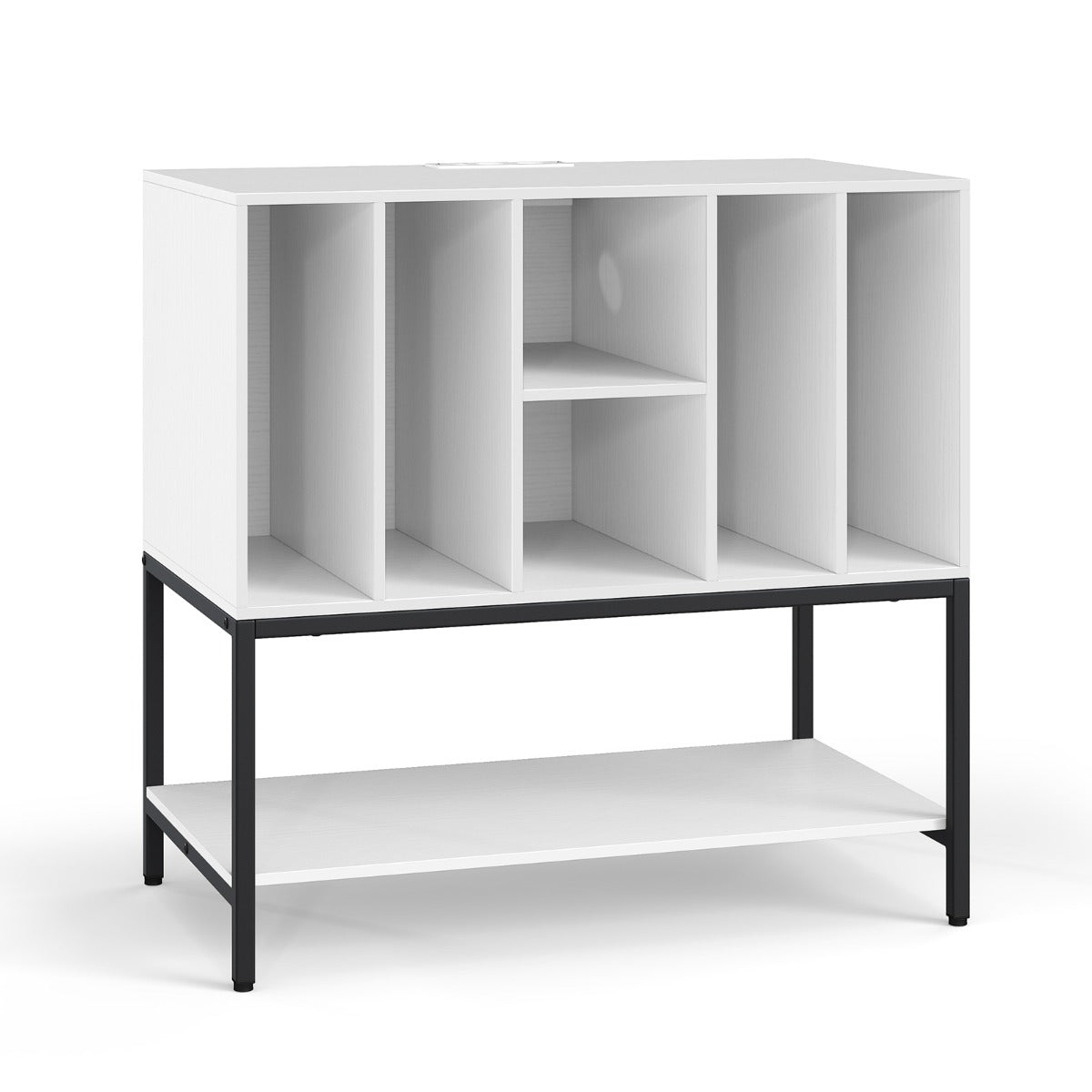 LIVSK Platenspeler Tafel met Oplaadstation - 6 Vakken voor Vinylopslag - Robuust Metalen Frame - 80 x 45 x 79,5 cm - Wit