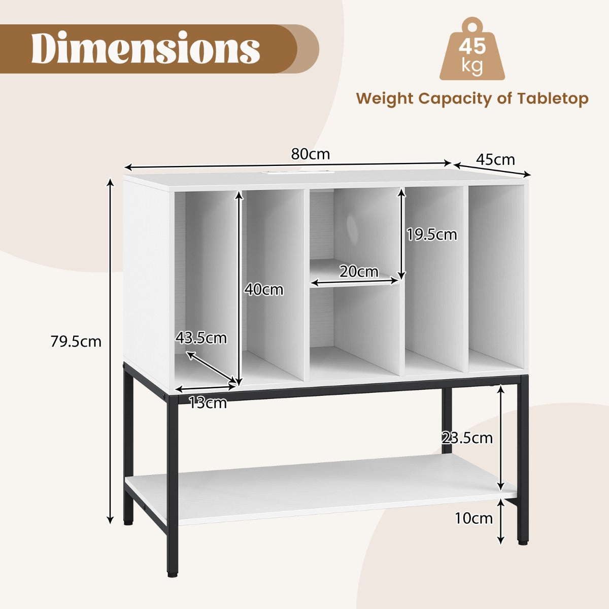 LIVSK Platenspeler Tafel met Oplaadstation - 6 Vakken voor Vinylopslag - Robuust Metalen Frame - 80 x 45 x 79,5 cm - Wit