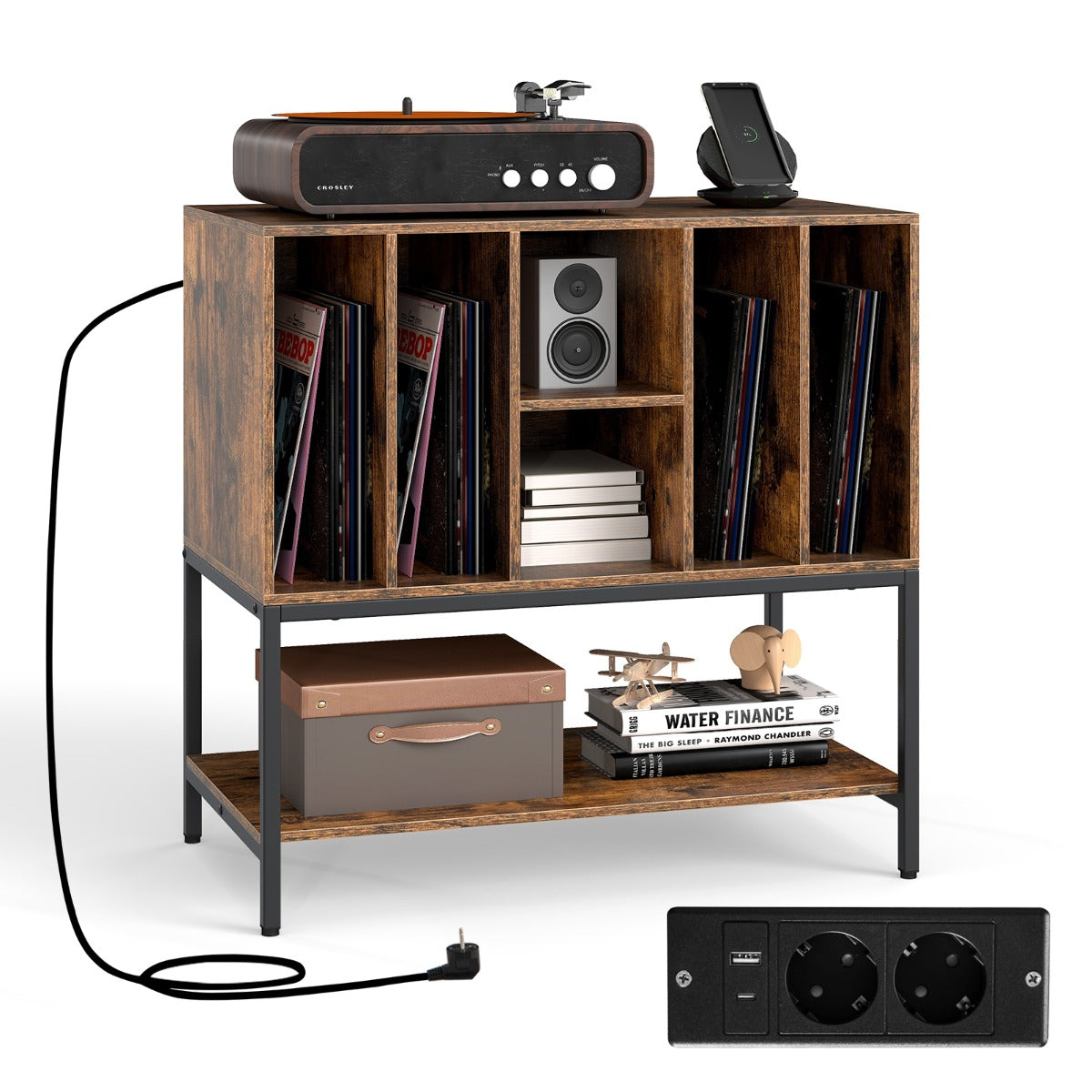 LIVSK Platenspeler Tafel - Oplaadstation met 2 Stopcontacten en USB - Ruime Vinylopslag - Robuust Metalen Frame - Rustiek bruin