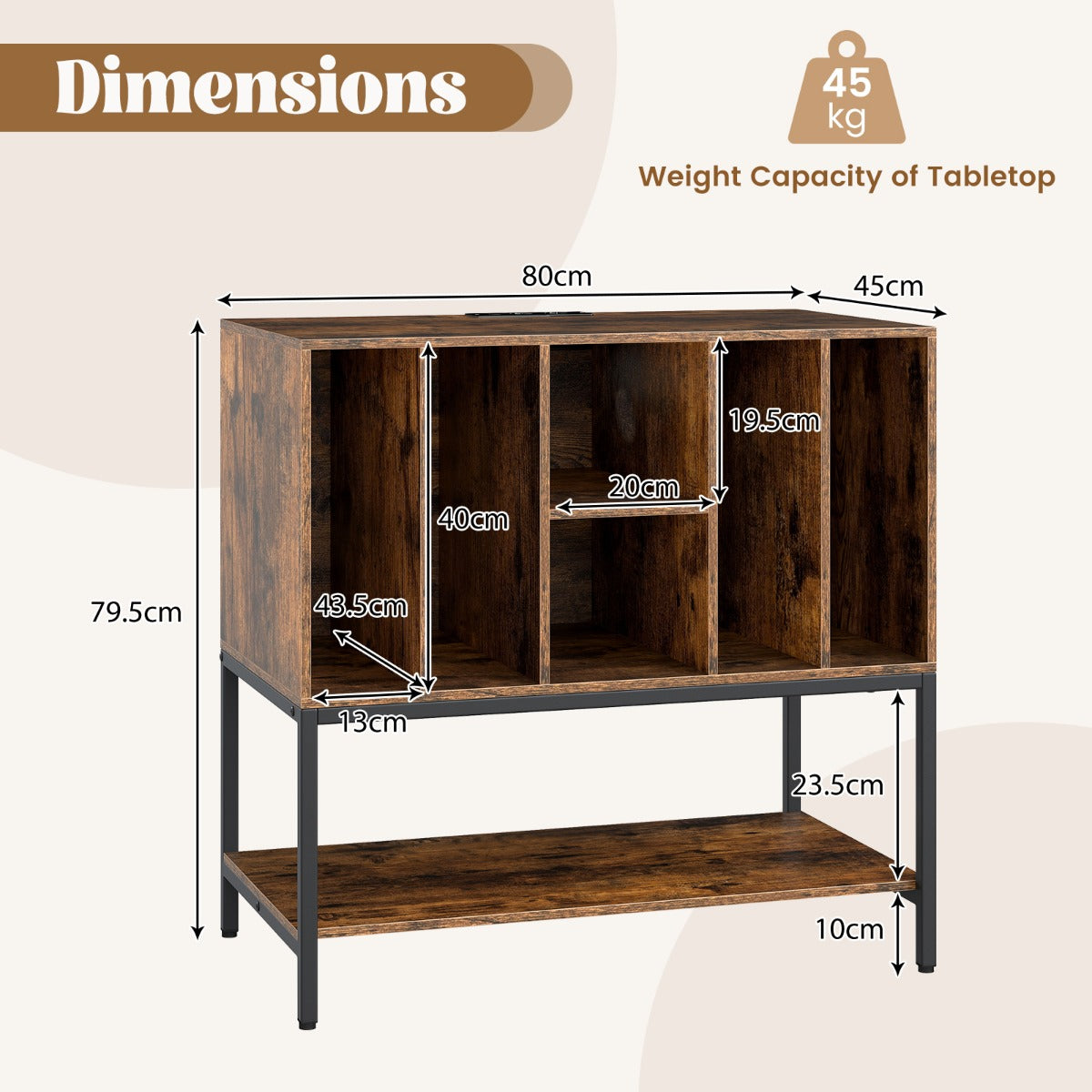 LIVSK Platenspeler Tafel - Oplaadstation met 2 Stopcontacten en USB - Ruime Vinylopslag - Robuust Metalen Frame - Rustiek bruin
