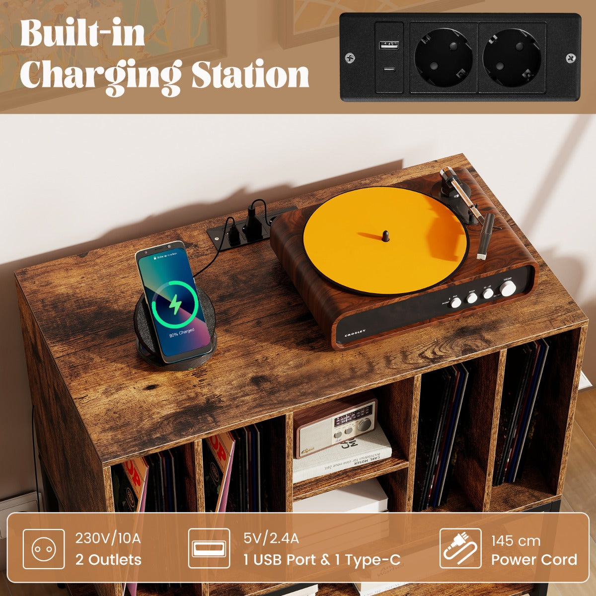 LIVSK Platenspeler Tafel - Oplaadstation met 2 Stopcontacten en USB - Ruime Vinylopslag - Robuust Metalen Frame - Rustiek bruin