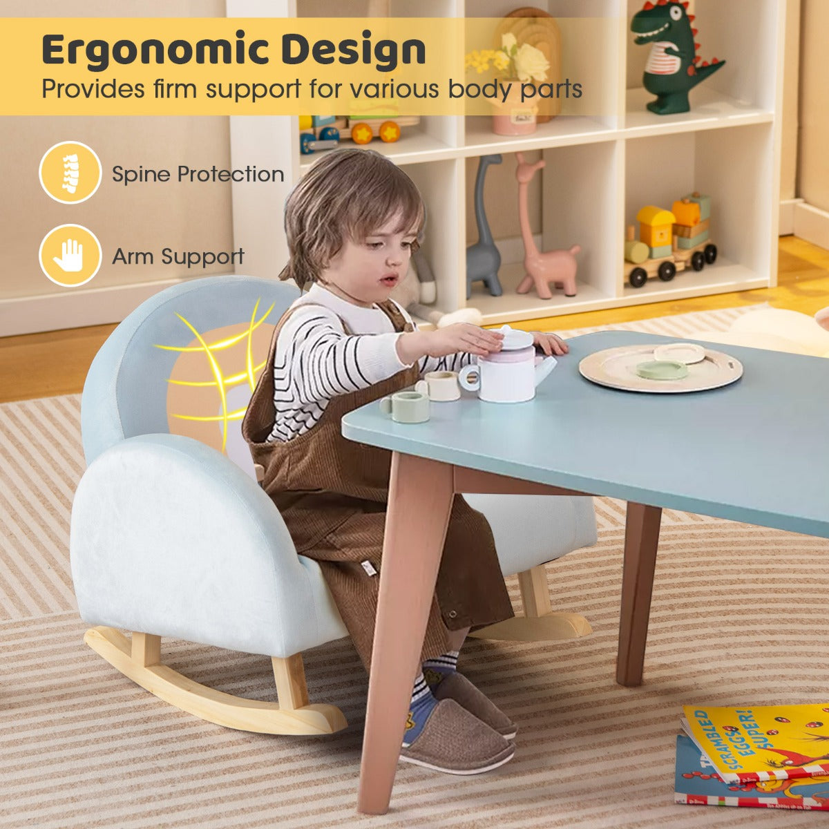 LIVSK Gestoffeerde Schommelstoel voor Peuters - Ergonomisch Ontwerp - Rubberhouten Basis - Tot 50 kg - Blauw