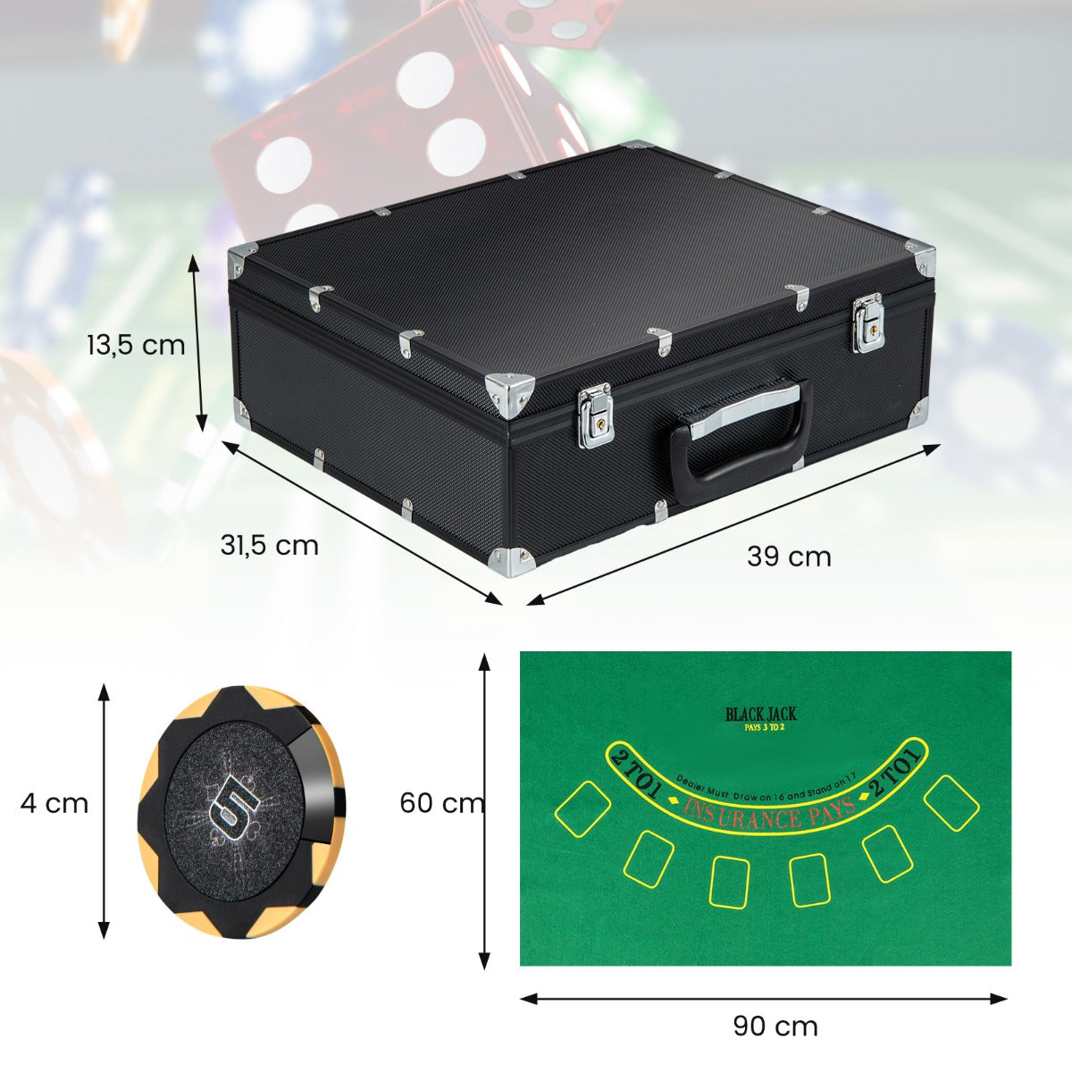 LIVSK Pokerficheset - 300 Premium Chips in 5 Kleuren - Aluminium Koffer met Kaartenschudder - Voor Elke Pokeravond - Zwart