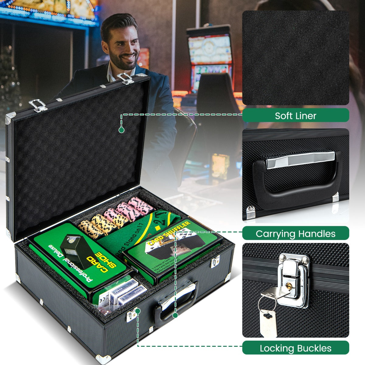 LIVSK Pokerficheset - 300 Premium Chips in 5 Kleuren - Aluminium Koffer met Kaartenschudder - Voor Elke Pokeravond - Zwart