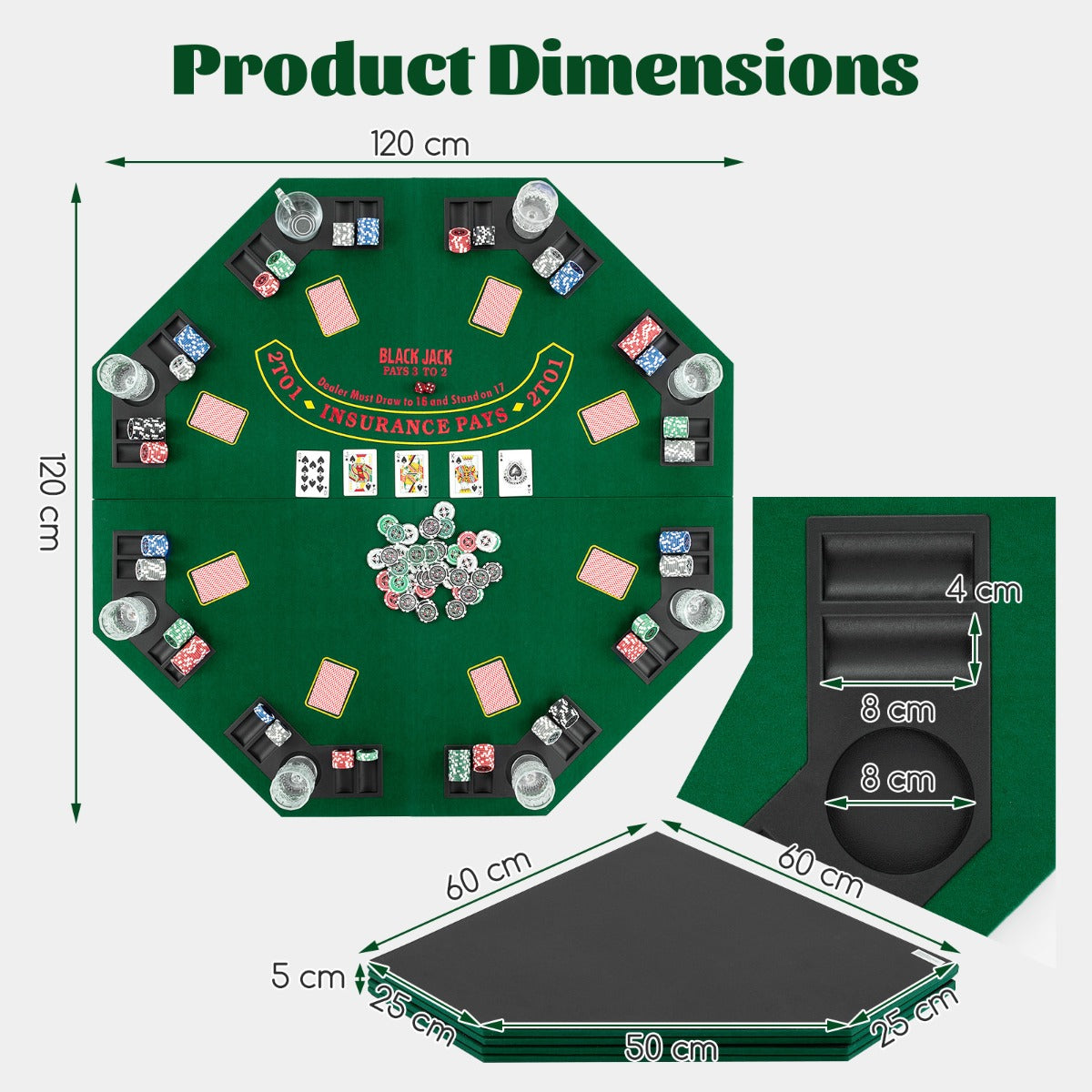 LIVSK Opvouwbare Pokertafel voor 8 Spelers - Inclusief Draagtas en Bekerhouders - Ruimtebesparend - 120 x 120 cm - Groen
