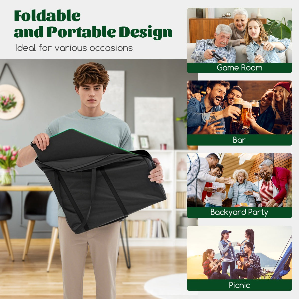 LIVSK Opvouwbare Pokertafel voor 8 Spelers - Inclusief Draagtas en Bekerhouders - Ruimtebesparend - 120 x 120 cm - Groen