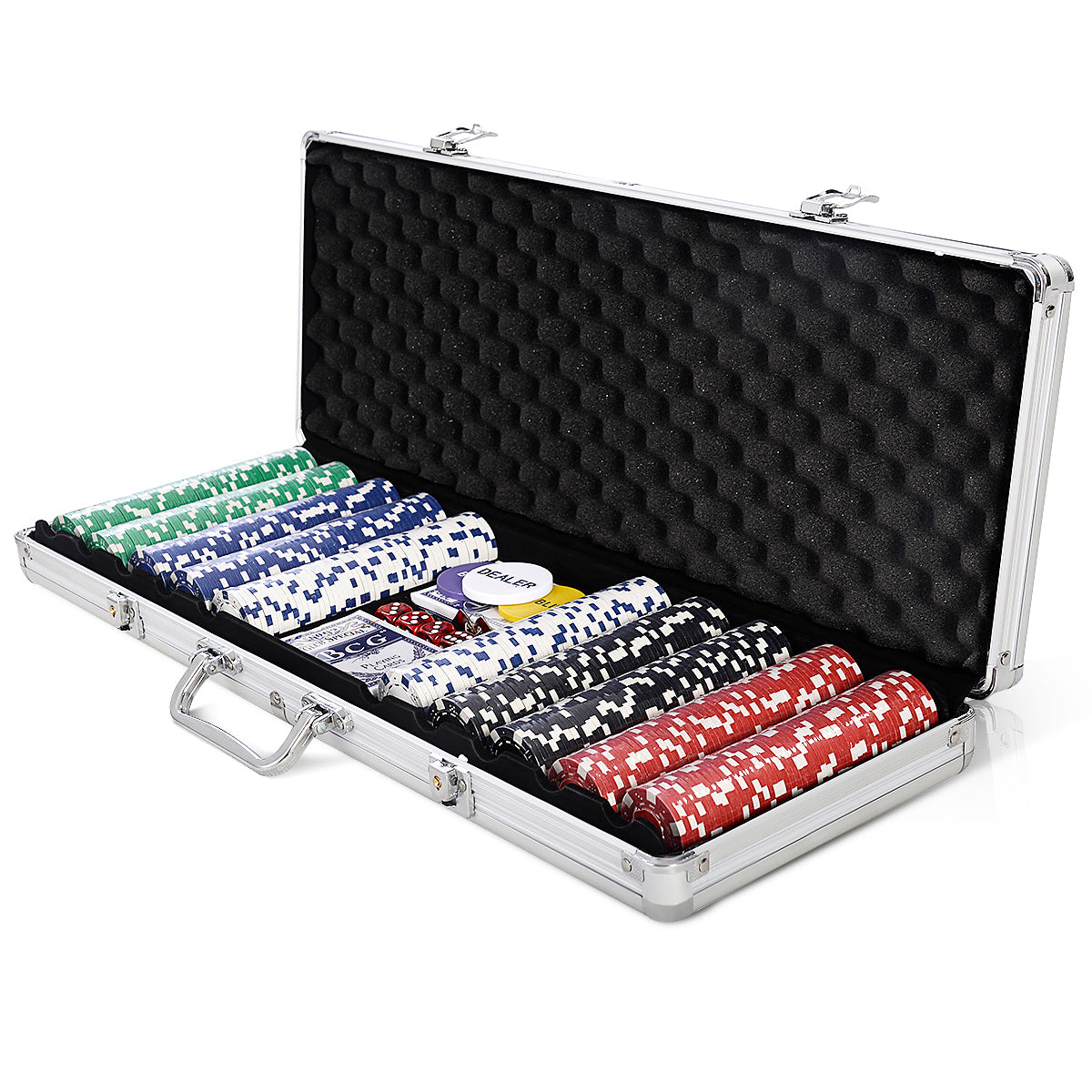 LIVSK Pokerkoffer Set - Aluminium Koffer met 500 Fiches - 2 Pokerdecks - 5 Dobbelstenen - Professionele Kwaliteit - Zwart