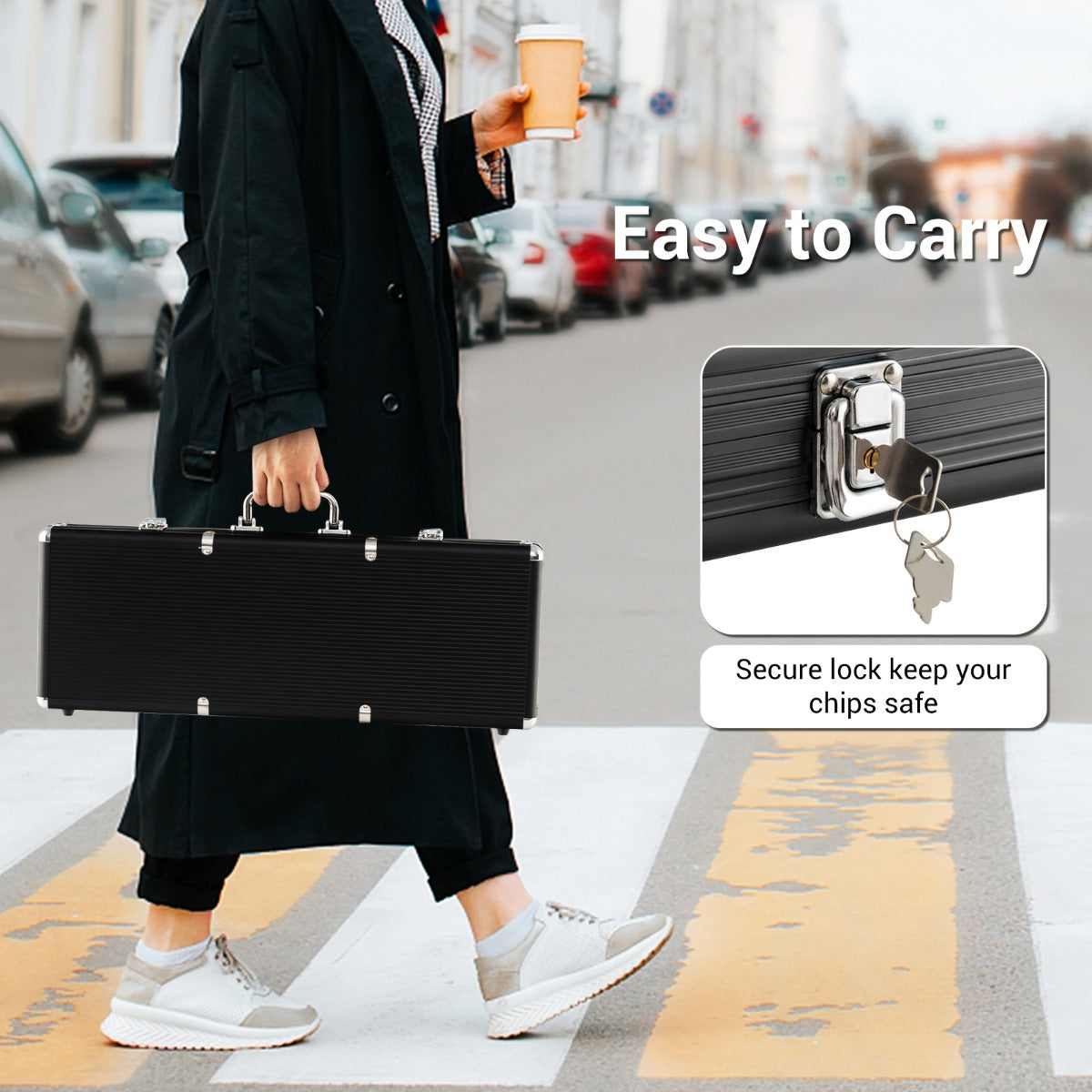 LIVSK Pokerkoffer Aluminium - 500 Pokerchips - 2 Speelkaarten - 5 Dobbelstenen - Draagtas - 56 x 20 x 6,5 cm - Zwart