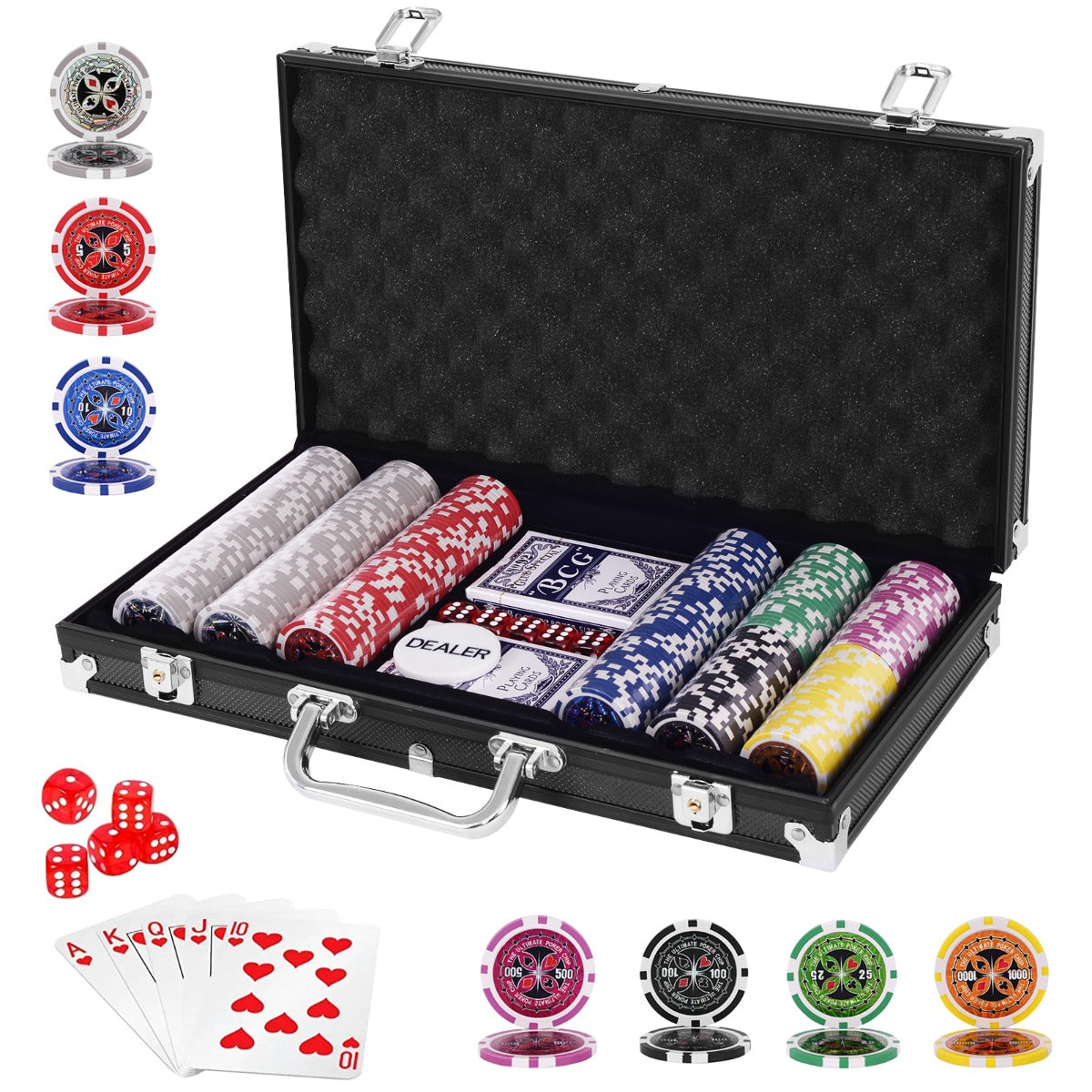LIVSK Casino Poker Chip Set - 300 Chips in 7 Kleuren - Inclusief 2 Kaartspellen en Aluminium Draagtas - Zwart