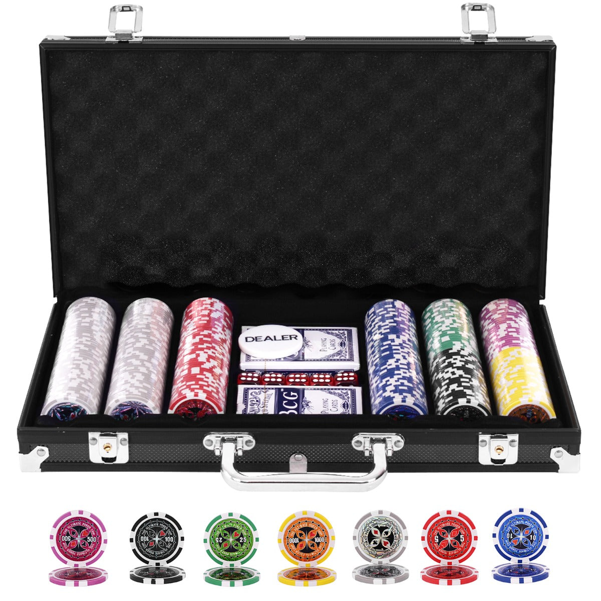 LIVSK Casino Poker Chip Set - 300 Chips in 7 Kleuren - Inclusief 2 Kaartspellen en Aluminium Draagtas - Zwart