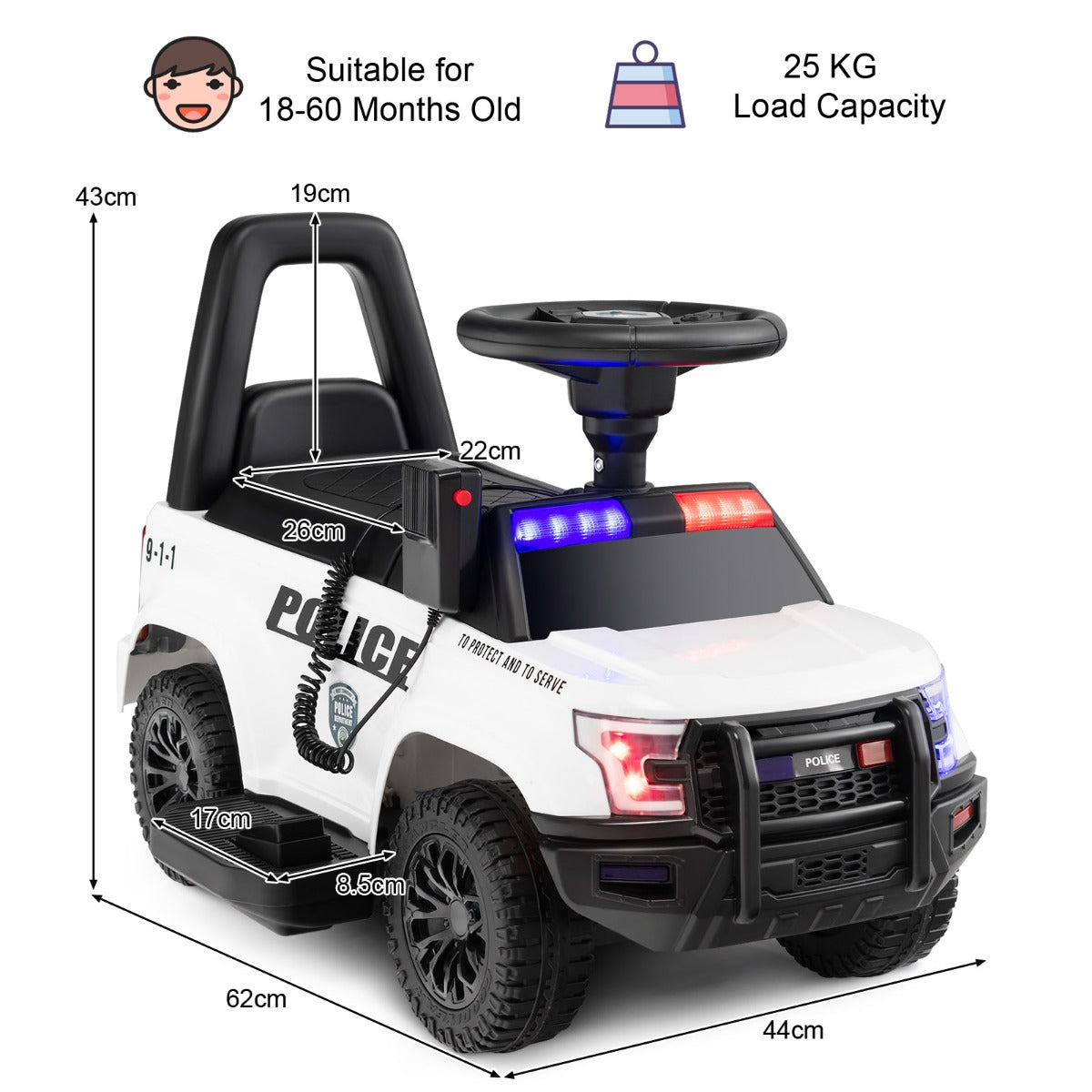 LIVSK Kinderpolitieauto voor Kinderen - Sirenegeluid - Waarschuwingslicht - Interactief Paneel - Tot 25 kg - Wit