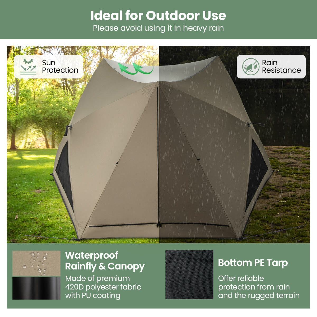 LIVSK Pop-Up Campingtent voor 4-6 Personen - Weerbestendig met Dakraam - Snelle Opbouw - Inclusief Draagtas - Olijfgroen