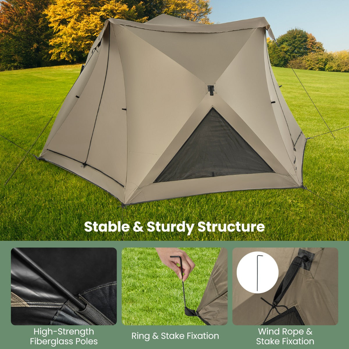 LIVSK Pop-Up Campingtent voor 4-6 Personen - Weerbestendig met Dakraam - Snelle Opbouw - Inclusief Draagtas - Olijfgroen