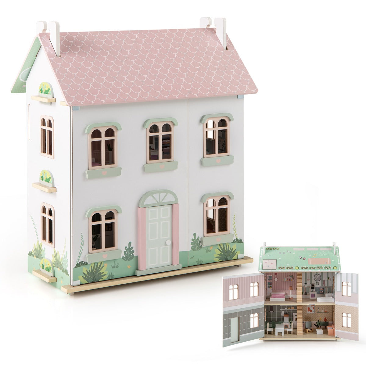 LIVSK Houten Poppenhuis - 3 Verdiepingen met Levensechte Ruimtes - Inclusief Meubels en Accessoires - Voor Kinderen vanaf 3 -