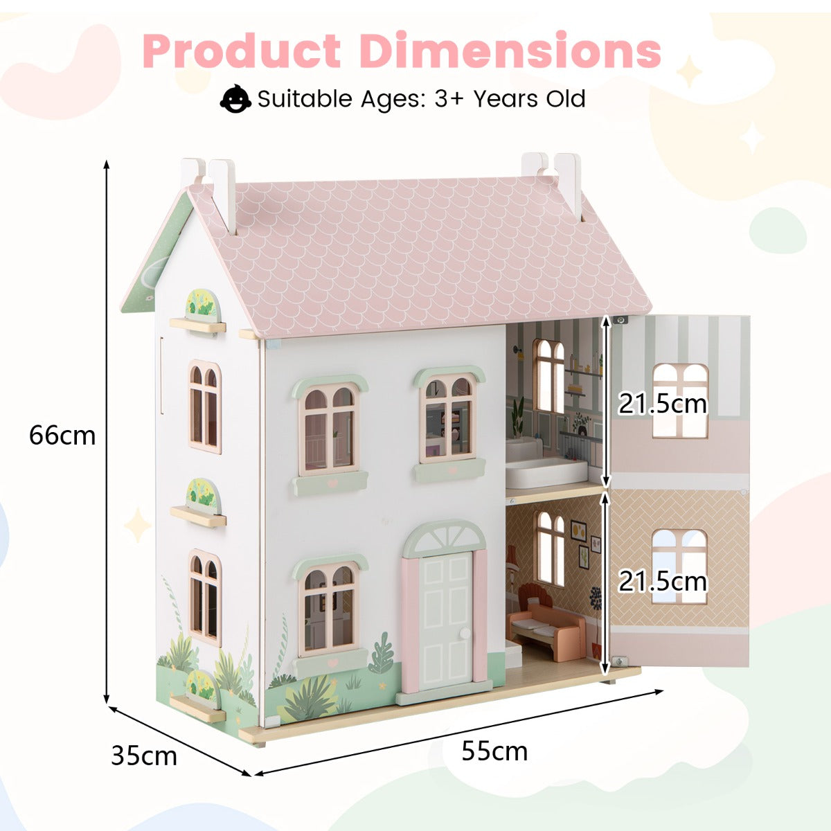 LIVSK Houten Poppenhuis - 3 Verdiepingen met Levensechte Ruimtes - Inclusief Meubels en Accessoires - Voor Kinderen vanaf 3 -