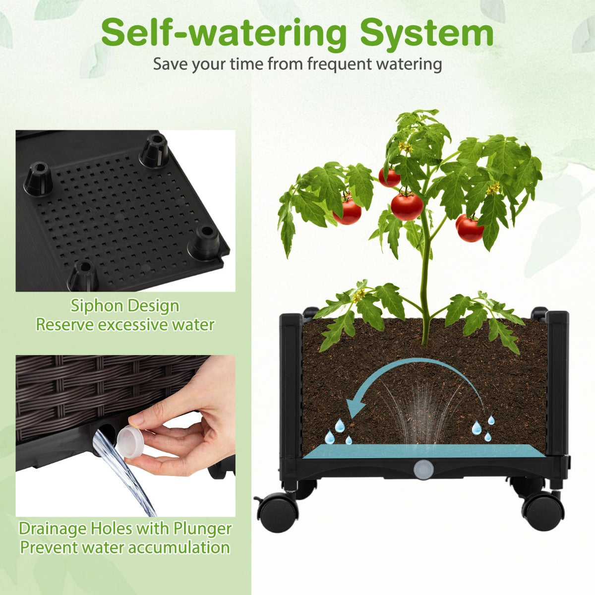 Livsk costway potten met automatisch bewateringssysteem latwerk en afdekking verhoogde moestuinbak met vergrendelbare wieltjes bruin 3