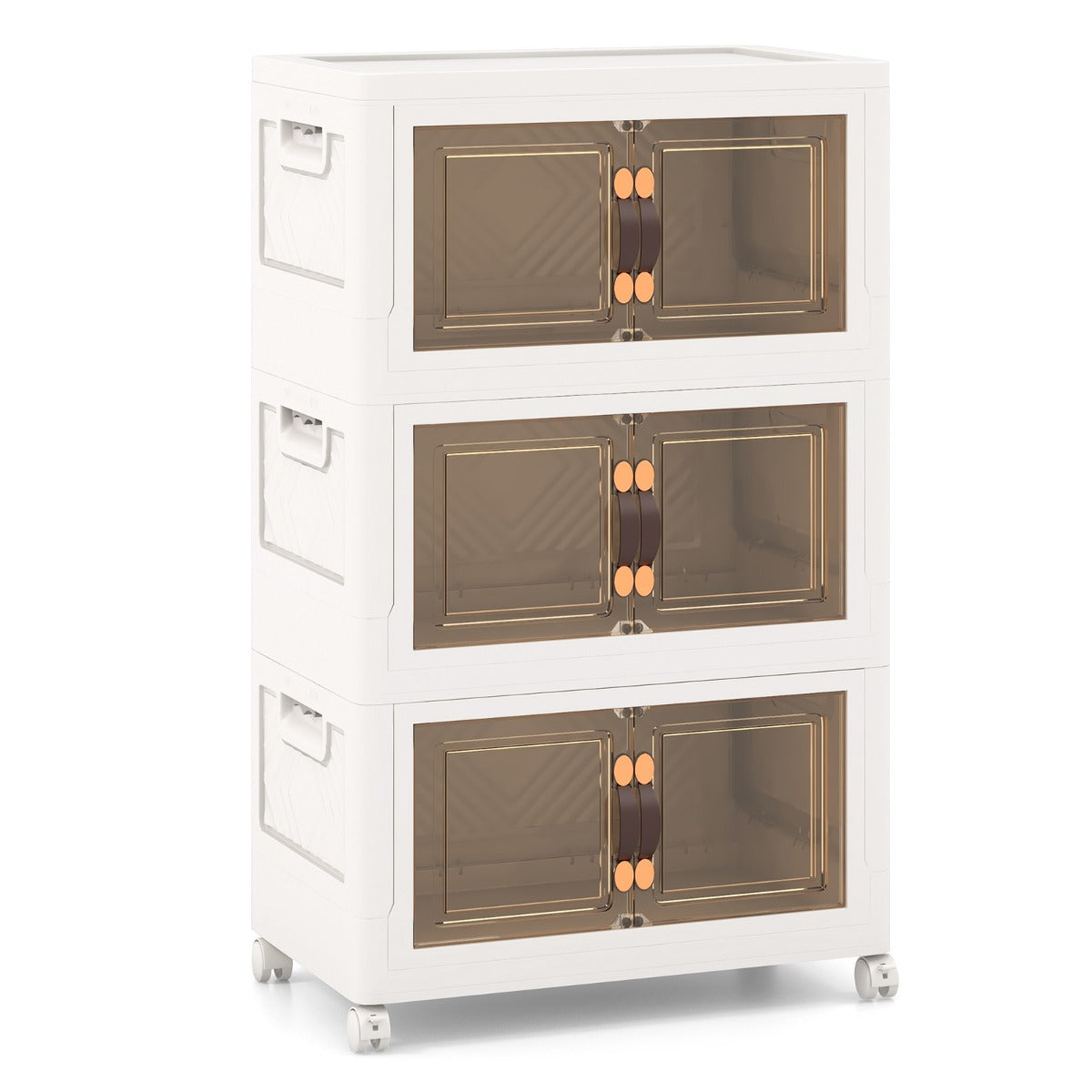 LIVSK Opvouwbare Stapelbare Opbergkast - Grote Capaciteit - Handige Deuren met Magneten - 4 Vergrendelbare Wielen - Wit + Bruin